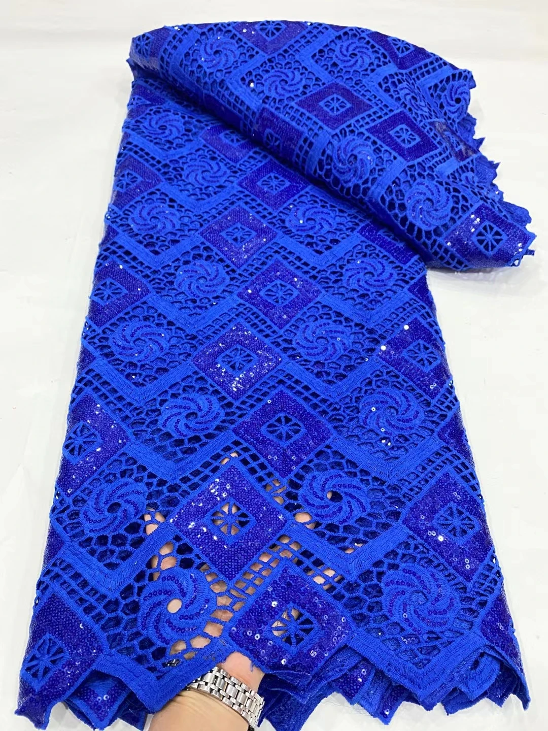 

NDPG72 Royal blue African water soluble lace with sequins,wholesale embroidered guipure cord lace fabric for women dress!