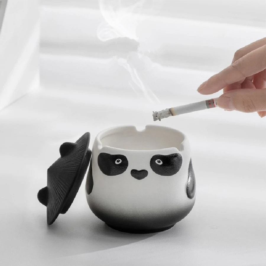 Panda Ceramic Ashtray with Lid Creative Personality Windproof and Fly Ash proof ceramic ashtray
