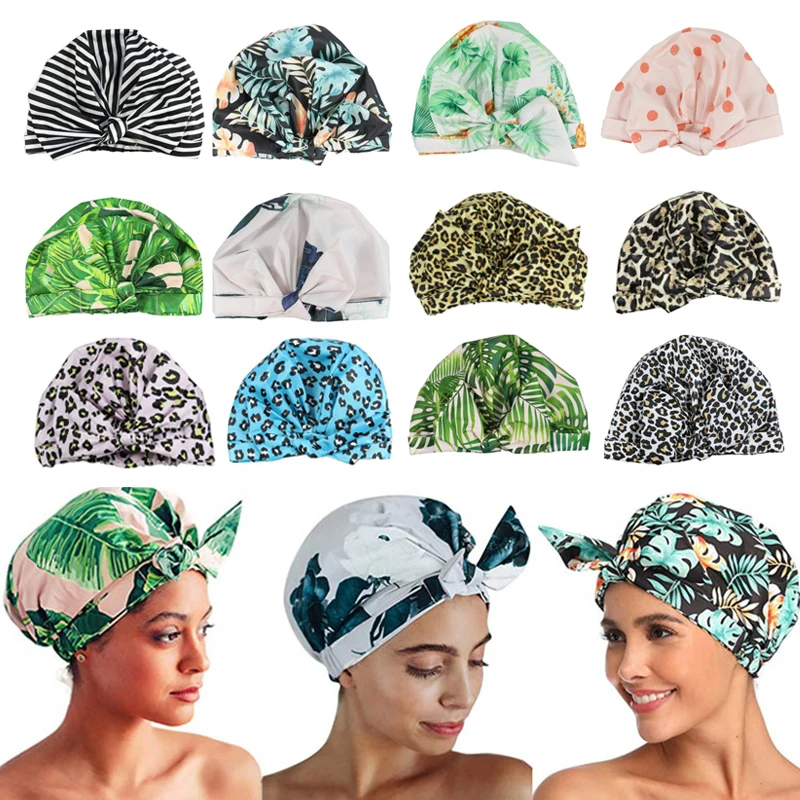 Waterproof Shower Cap Striped Bath Caps Adjustable Elastic Band For Women Long Thick Hair