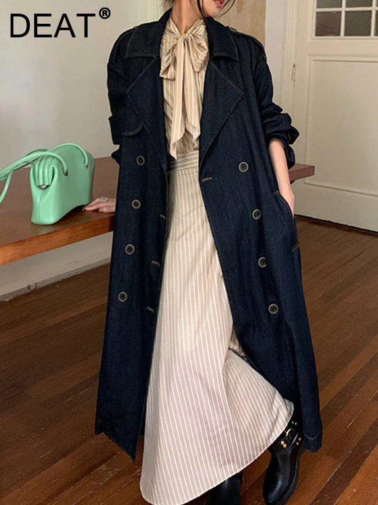 

DEAT Fashion Women's Denim Trench Coat Belt Lapel Double Breated Pockets Loose Windbreaker Lady Autumn 2023 New Tide 7AB1245