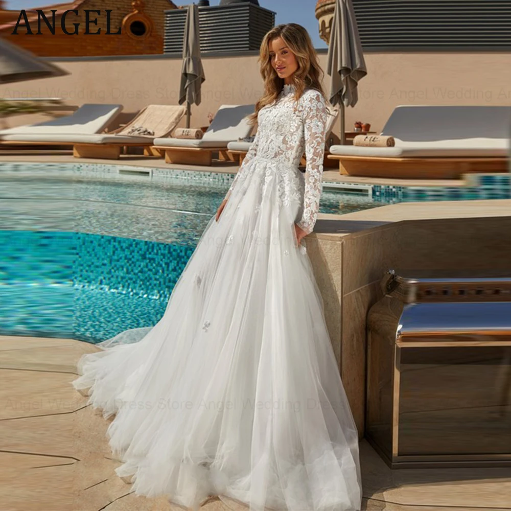 

ANGEL High Neck Full Sleeves Muslim Wedding Dress For Bridal 2024 Applique A-Line Bride Gowns Classic Tulle Robe De Mariée