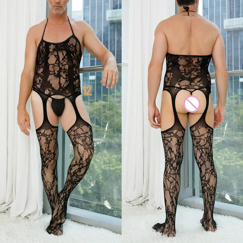 

Men Gay Sissy Sexy Lace Mesh Fishnet Open Butt Crotchless Bodystocking See Through Lingerie Perspective Bodysuit Panties