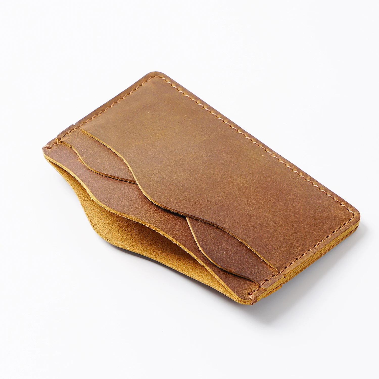 Artisan-Crafted Vintage Card Case: Top-Grain Leather Mountain Stream Design w/ Multi-Compartment Stitching