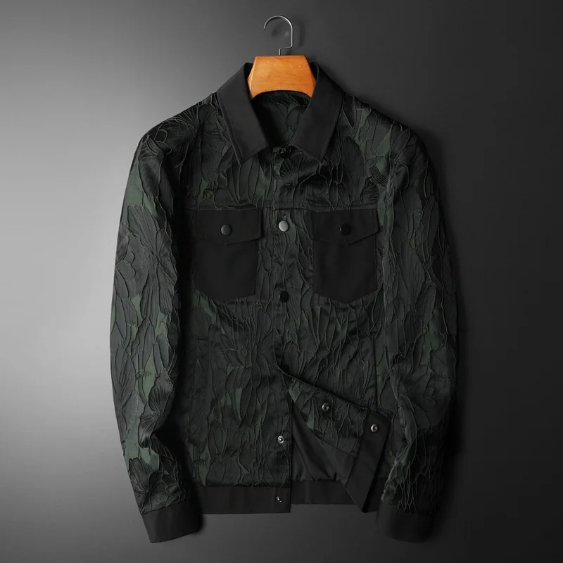 

Высококачественная Европейская жаккардовая куртка с отложным воротником и вышивкой, Мужская Осенняя новая молодежная трендовая брендовая красивая куртка с большими карманами для мужчин