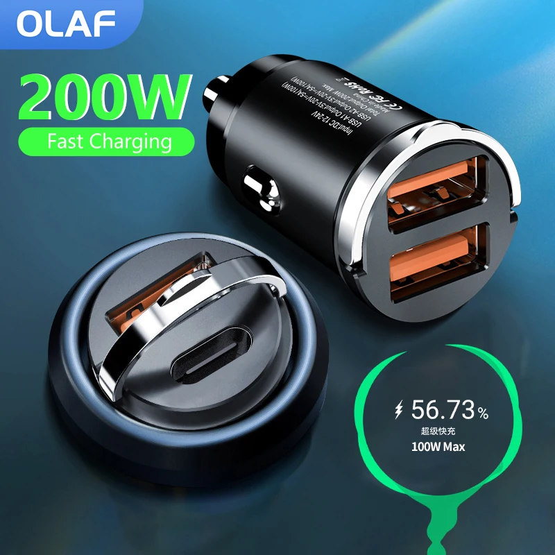 Olaf 200W Mini Caricabatteria Da Auto Accendino Ricarica Rapida Per Iphone Qc3.0 Mini Pd Usb Tipo C Caricabatteria Da Auto Per Xiaomi Samsung Huawei