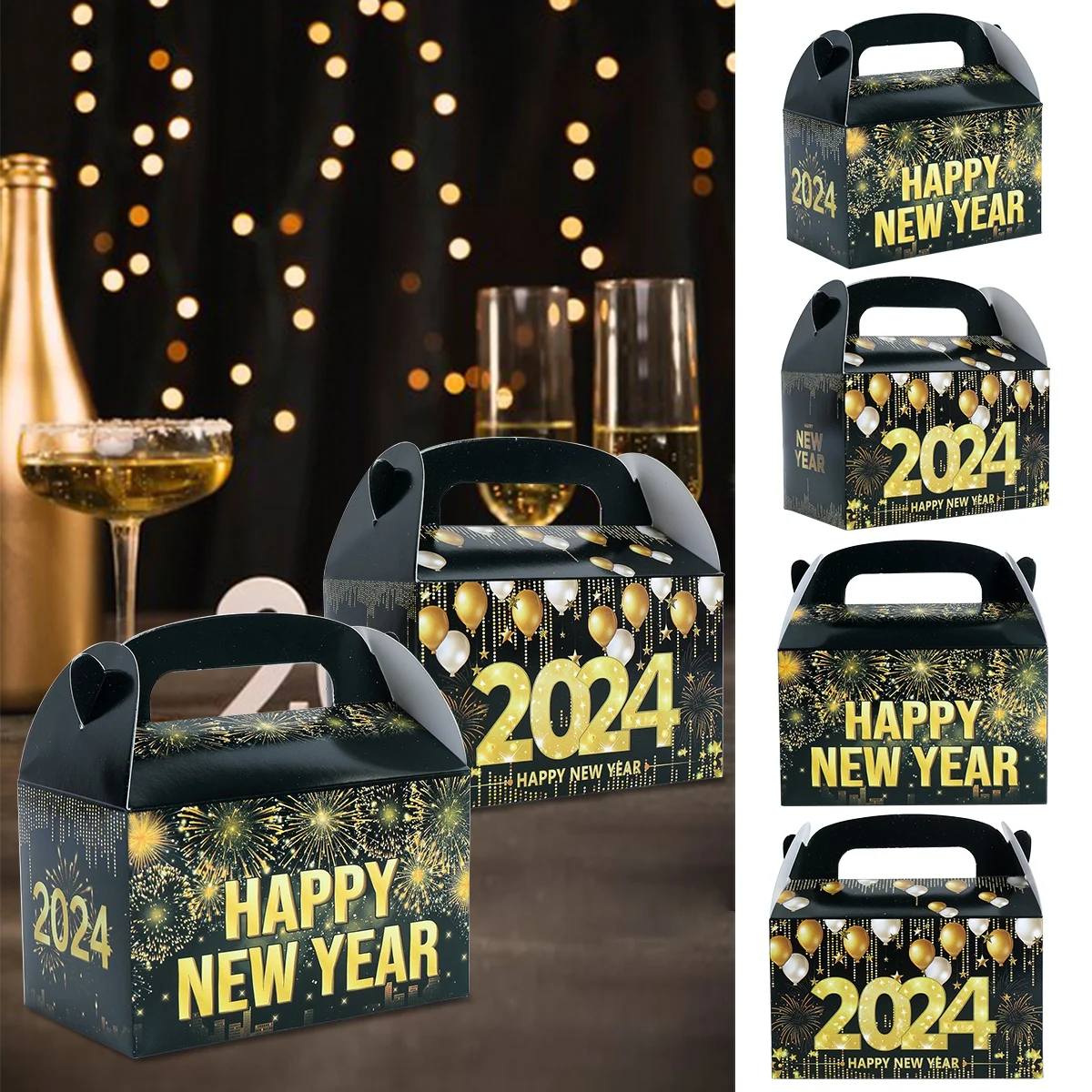 

Коробки для конфет черного и золотого цвета, новый год 2024, украшение для дома, черные и Золотые сумки для выпечки, аксессуары для нового года, новогодние подарки