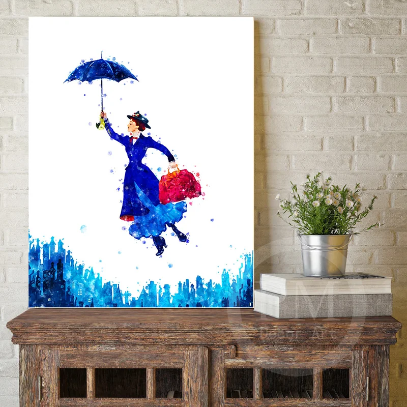 Pintura en lienzo de acuarela de Auntie Poppins, paraguas volador, películas de Disney, imagen artística de pared para guardería, decoración del hogar sala de estar| | - AliExpress