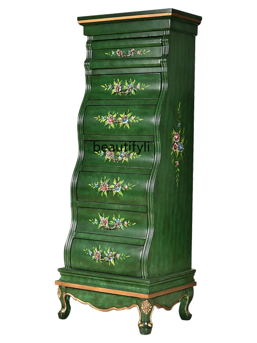 

American Retro 7-Drawer Cabinet Living Room TV Side Cabinet Multi-Functional Hand Painting Solid Wood Clothes Closet