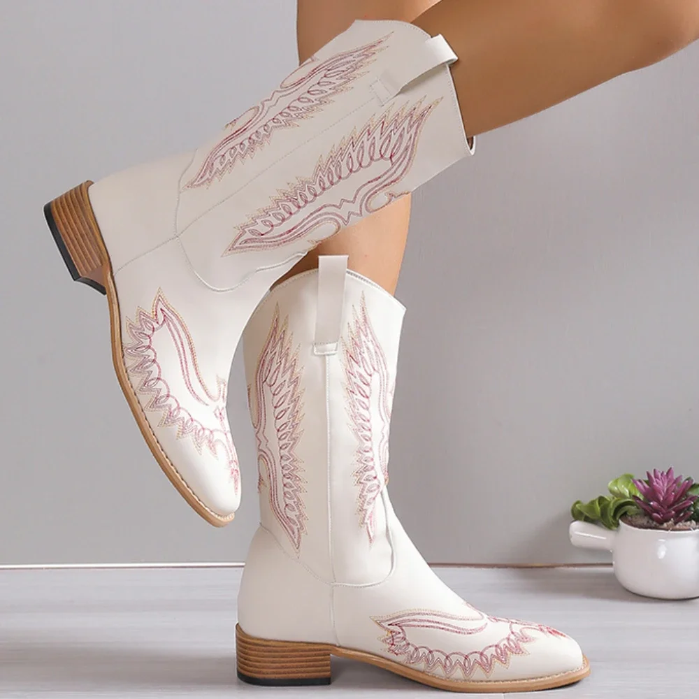 

Women Boots Winter Woman Shoes Knee High Boots Embroidery Solid High Tube Western Boot Female Western Cowboy Boots Women Retro