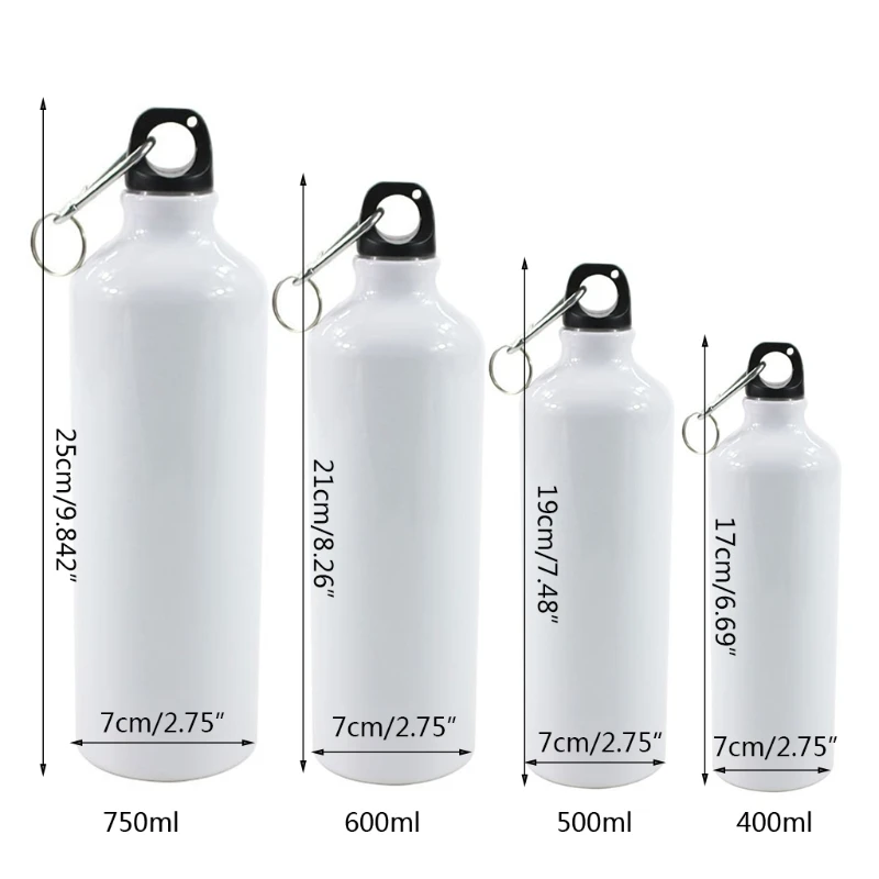 400/500/600/750ml White Blank Sublimation Water Bottle with Carabiner Aluminum Outdoor Sport Kettle for Heat Press Print