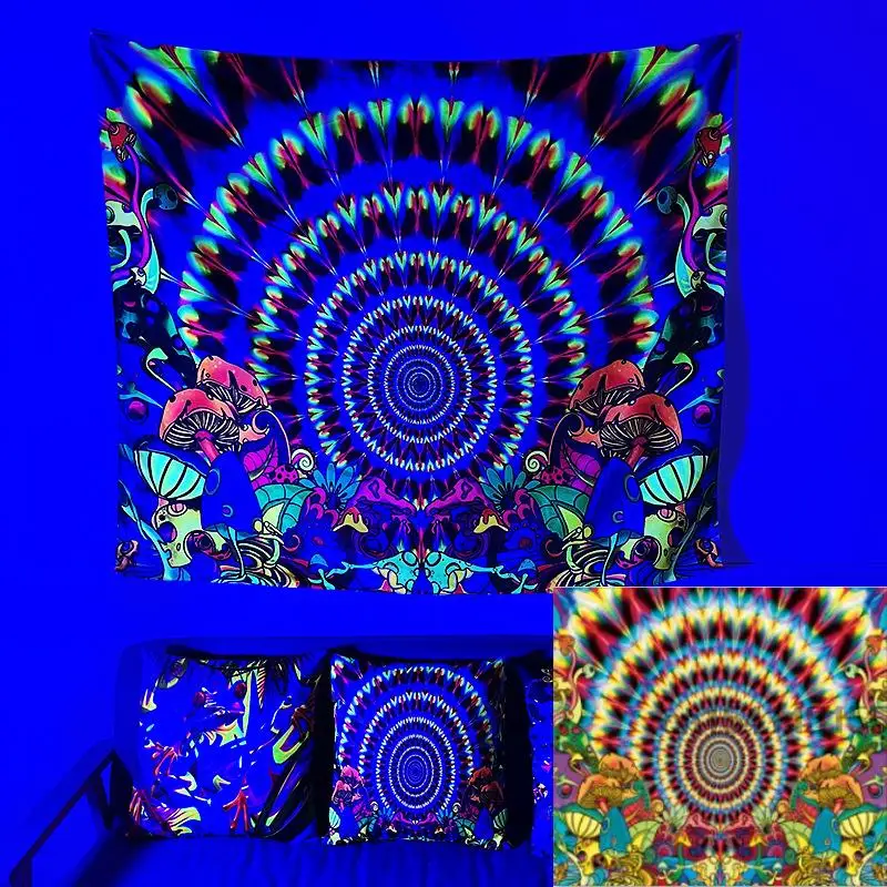 Blacklight Tapestry UV Reactive Trippy Hippie Black Light Tapestry Aesthetic Wall Decor Neon Tapestries Party Backdrops