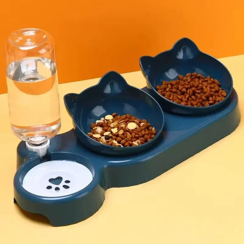 2-in-1 Cat Bowl Anti Overturning Double Bowls with Automatic Drinking Bottle Cat Food Rice Bowl Tilted Rotatable Pet Supplies