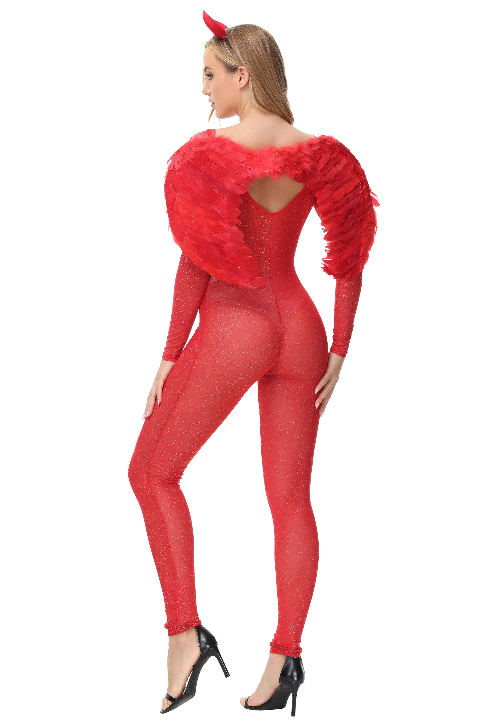 Red Devil Cosplay Uniform for Women Sexy Bodysuit with Wings Headwear Halloween Party Demon Angel Jumpsuit Stage Show Costume