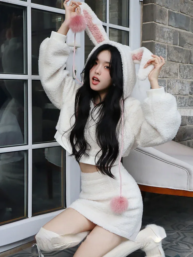 Japanese Kawaii Lolita Two Piece Set Women Wool Korean Sweet Skirt Female Winter 2024 Long Sleeve Hooded Coat + Party Mini Skirt men s sweater summer short sleeved round neck pullover thin section 100% wool bottoming knitted half sleeve solid color high end