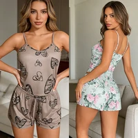 Pyjama sexy pour femmes, pyjama en satin pour femmes, imprimé, col rond, haut en soie glacée, ensemble t-shirt et short, respirant, confortable, vêtements de maison, neuf 3