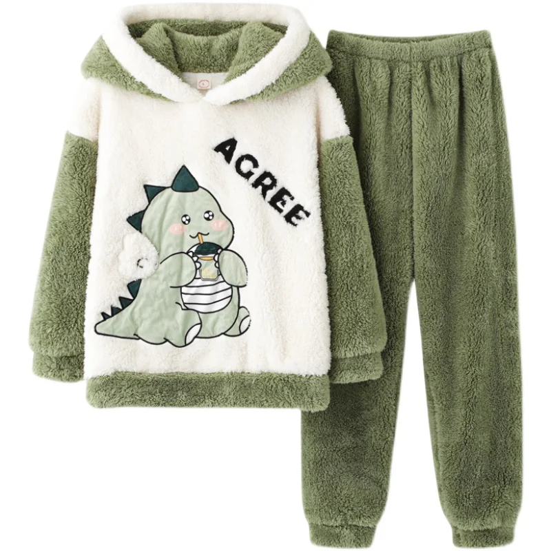 Winter Pajamas Coral Fleece Homewear Pijama Men Thick Velvet Soft Set Flannel Pyjamas Dinosaur Sleepwear Sleep Lounge Clothes