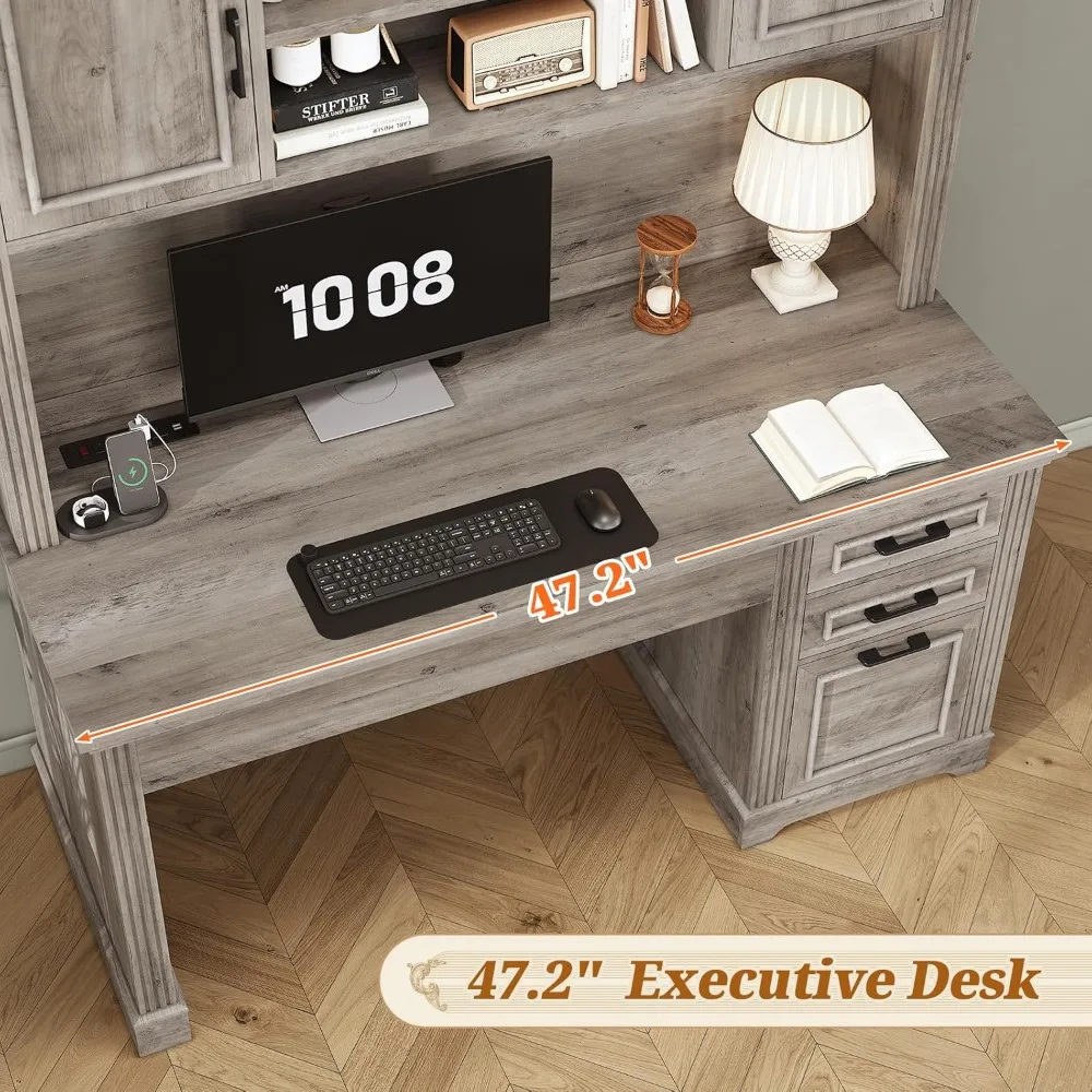 Office Desk with 3 Drawers, 47.2" Executive Computer Desk with Storage Drawers and Hutch Cabinet, Offices Desks 5