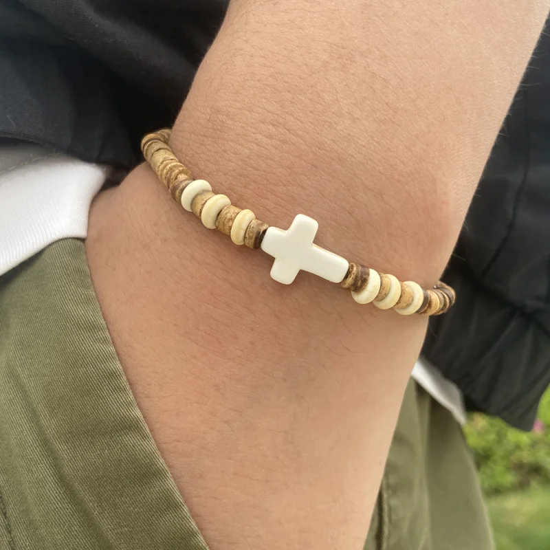 Cross Charm Wood Beaded Bracelet 