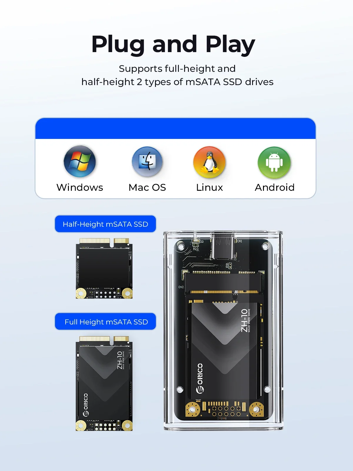 ORICO 투명 미니 mSATA SSD 케이스-Type-C SSD 인클로저 어댑터 외부 어댑터 PC 케이스용 mSATA NGFF SSD용 5Gbps