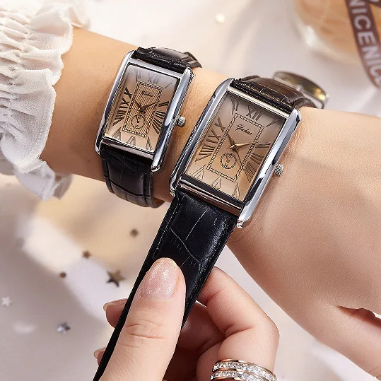 Luxury Rectangle Dial Quartz Watch with Leather Band