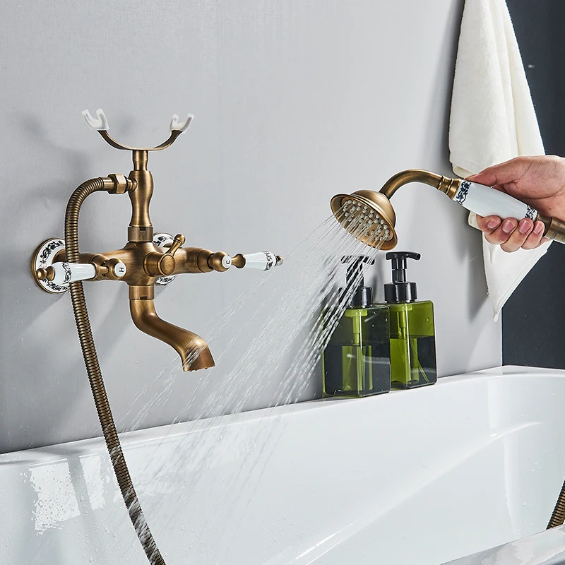 Antique Brass Bathroom Shower Faucet Wall Mount Blue and White Porcelain Dual Handle Cold Hot Water Mixer Shower Tap For Bathtub bathtub faucet shower faucet water mixer