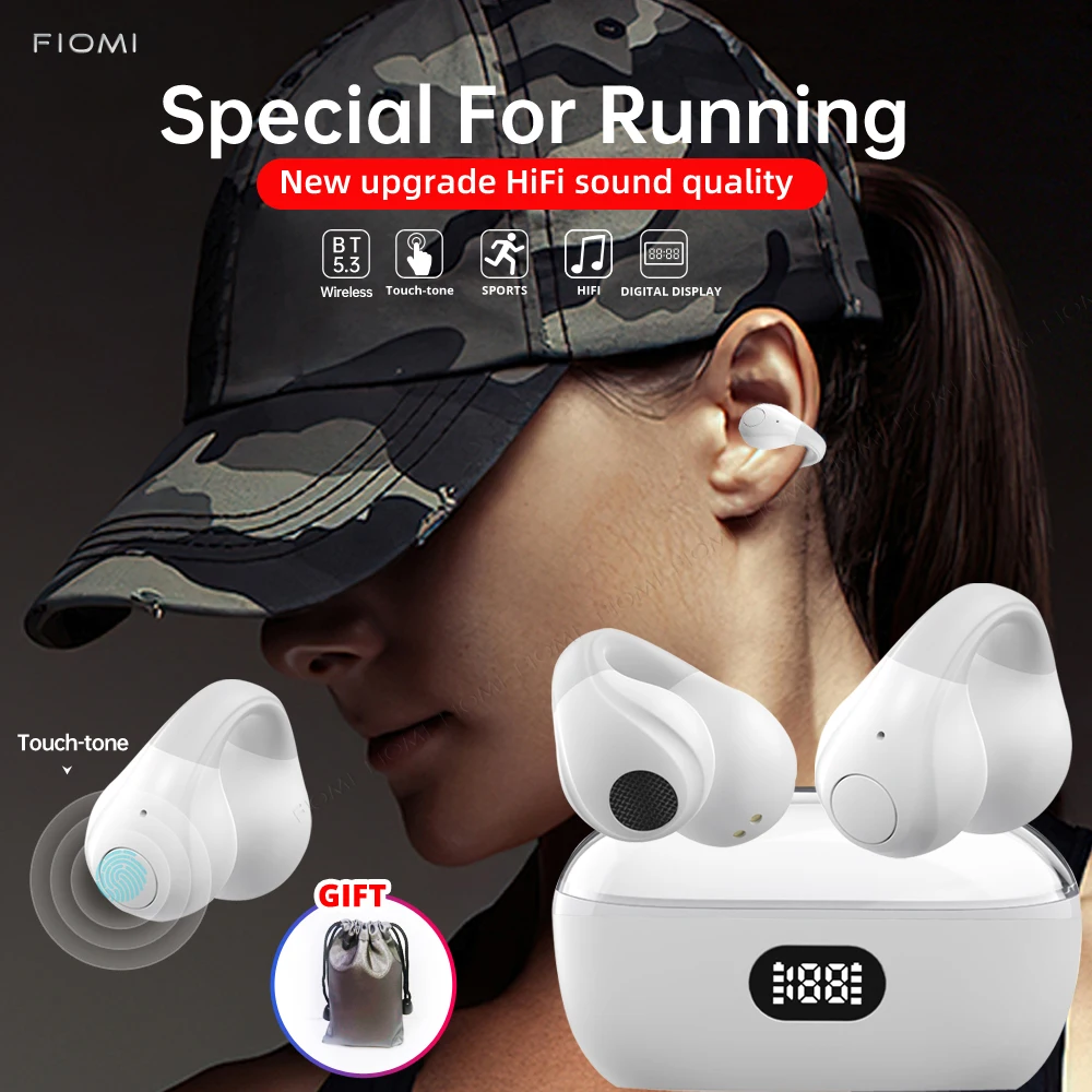 

New Wireless Earphones Ear Clip Earbuds With Mic Touch Control For Sports And Running,TWS BT5.3 Ear Buds With LED Battery Displ