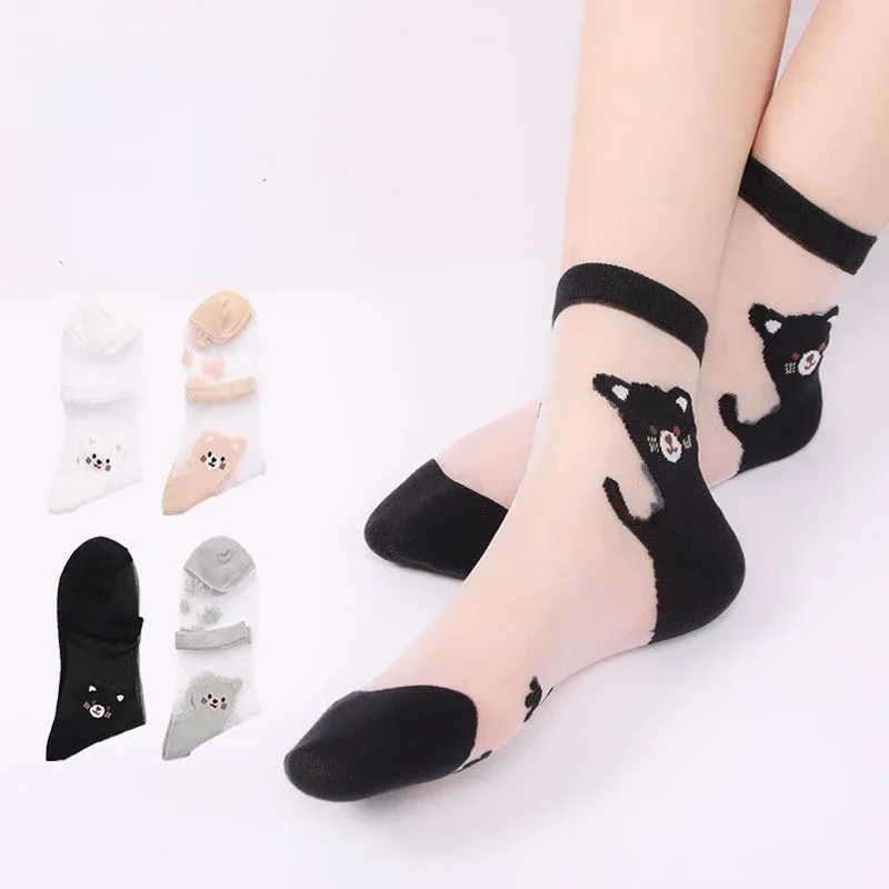 5 Pairs Cool Transparent Women Kawaii Socks Set Bear Korean Ladies Summer Thin Japanese Cute Silk Socks For Women Dropshipping