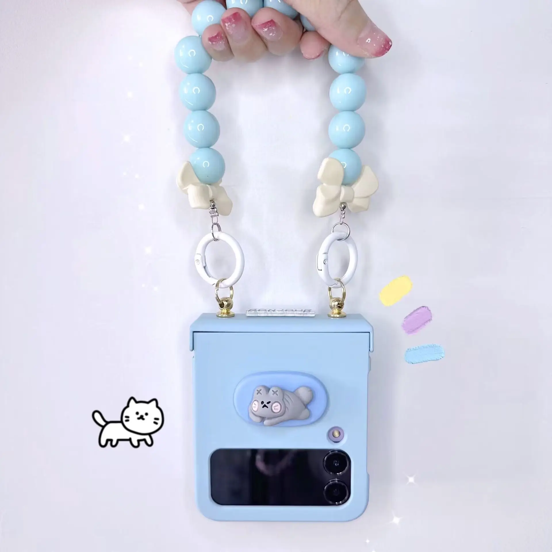 Custodia Per Samsung Galaxy Z Flip 4 Z Flip 3 Diy Grey Cat Alphabet Bowknot Blue Bead Bracciale Cerniera Custodia Rigida Per Cellulare