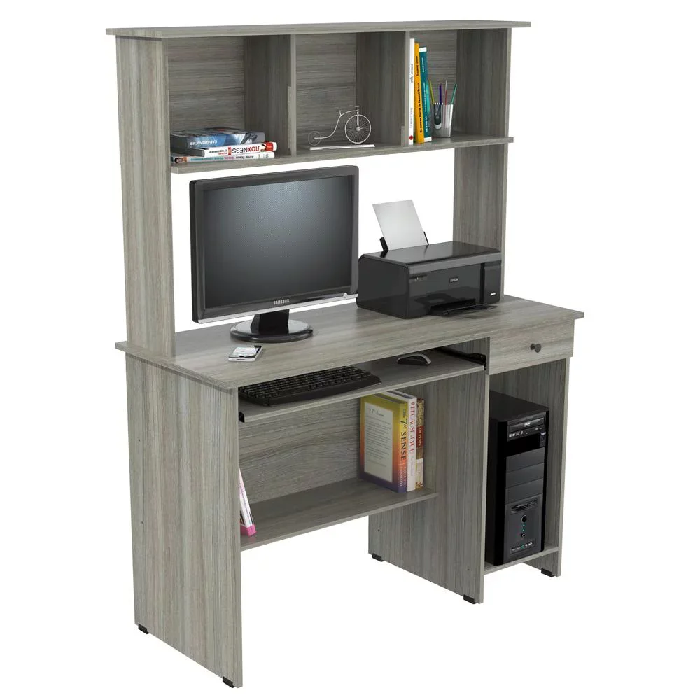 

LISM Traditional Laminate Computer Desk And Hutch With Storage In Gray