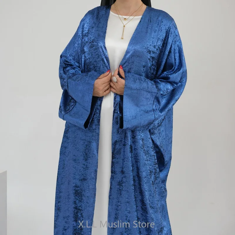 Eid Ramadan Open Kimono Satin Abaya Luxury Batwing Dubai Kaftan Muslim Dress Modest Loose Islam Kebaya For Women Clothing Robe