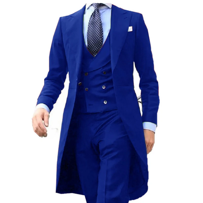 2023 New Arrivel Royal blue Long Coat Designs Men Suits Set Men Clothing Groom Tuxedos Prom Blazer Custom 3PCS (Top+Vest+Pants)
