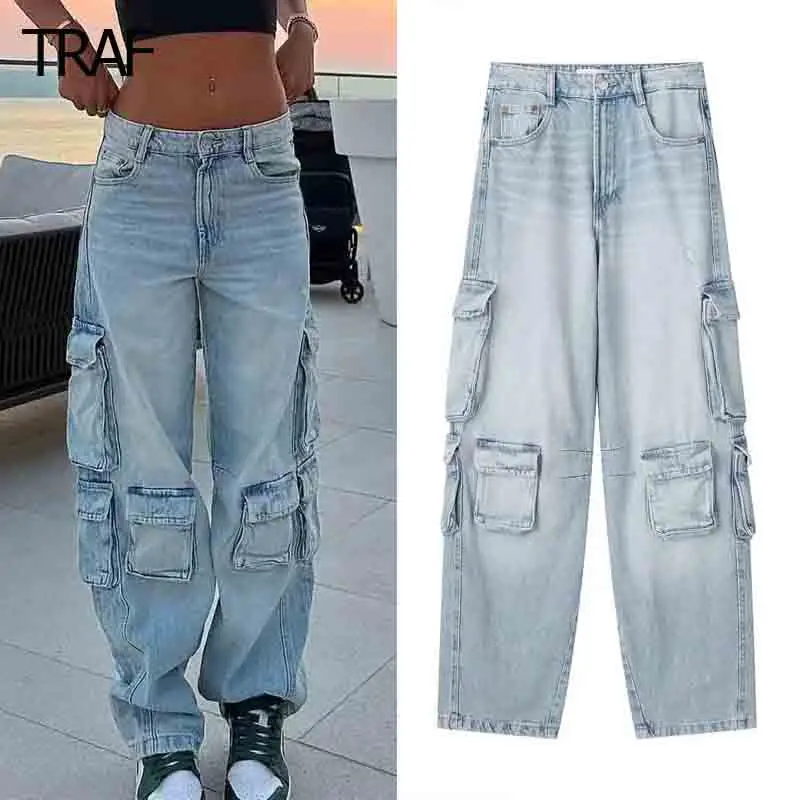 

TRAF Baggy Jeans Women Cargo Pants Autumn 2023 Women Denim Trousers Wide Pants Soft Jean Streetwear Vintage Women Denim Overalls