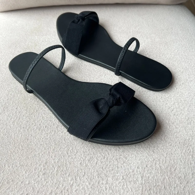 

Шёлковые замшевые сандалии в стиле ретро с бантом на плоской подошве, модные женские мюли с открытым носком и ремешком сзади