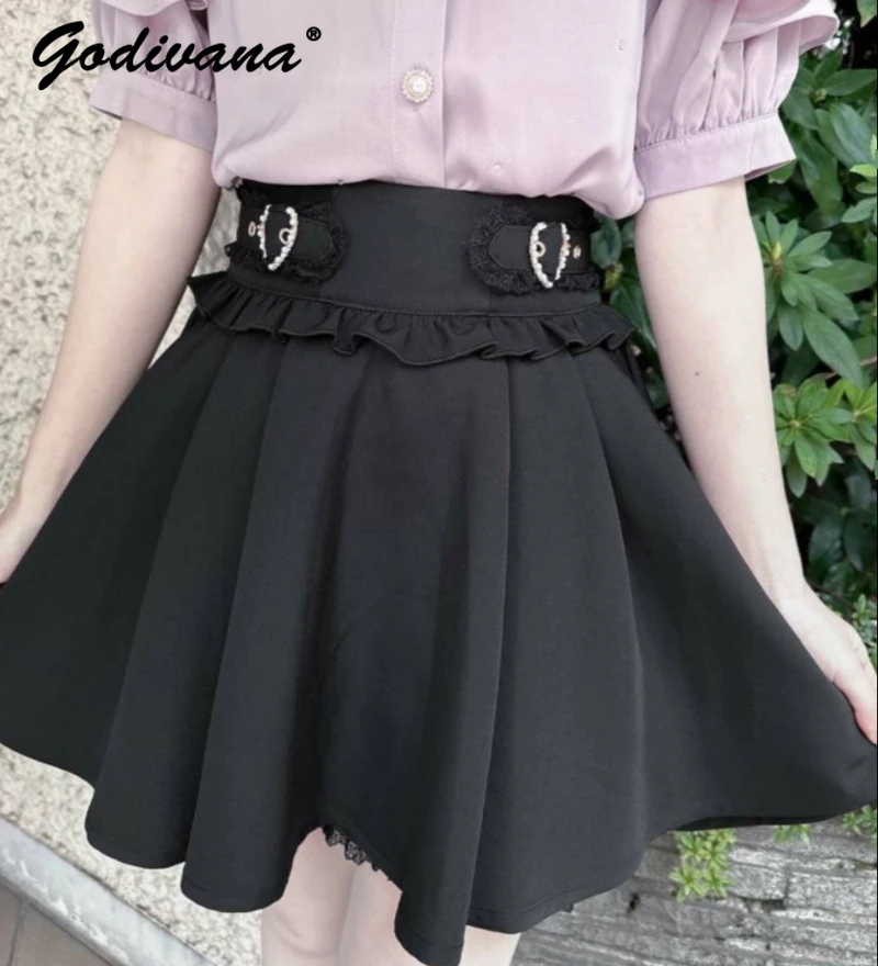 

Japanese 2024 New Spring Summer High Waist Heart-Shaped Buckle Lace Slimming Mini Skirt Elegant Pleated Short Skirt Culottes