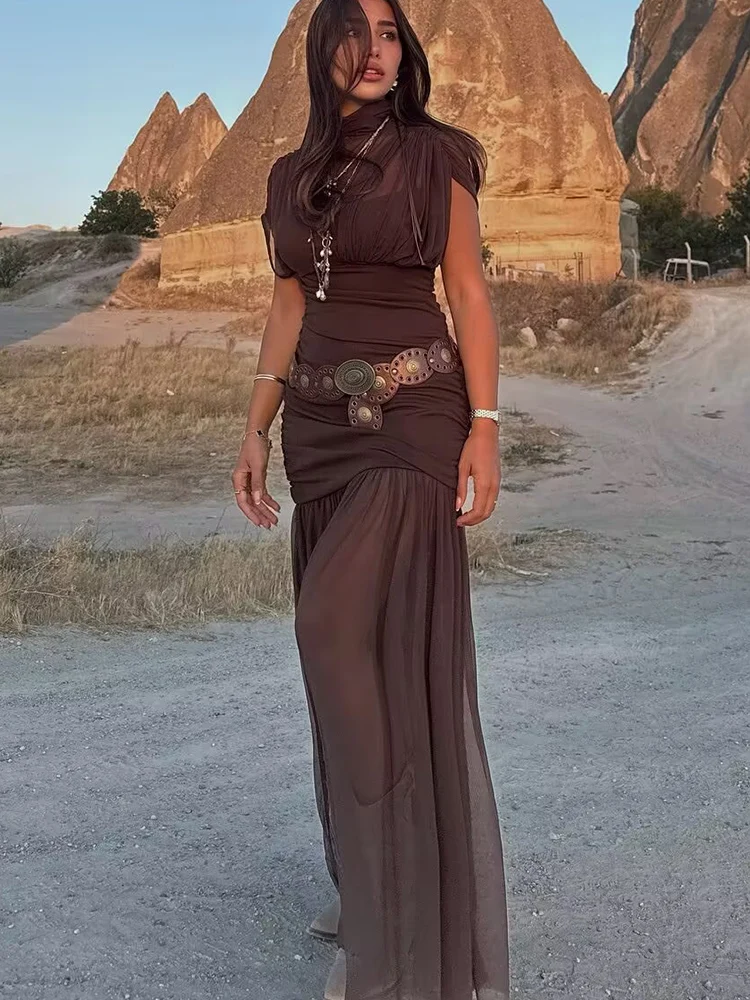 2026 New Women Spliced Mesh Maxi Dress Fashion Sheer Turtleneck Folds Design Sleeveless Elegant Slim Fashion Party Dresses Lady