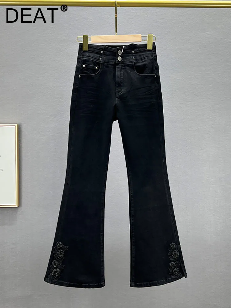 

DEAT Women's Jeans High Waist Slim Split Embroidery Flowers Beading Black Denim Flare Pants 2023 Autumn New Fashion 29L3651
