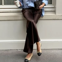 Linad élégant marron Satin pantalon à jambes larges femmes automne mode Beige taille haute pantalon rue Chic soie pantalons longs femme 2025 4