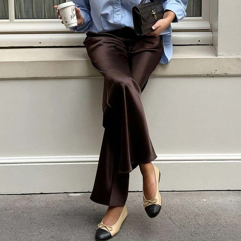 Linad Elegant Brown Satin Wide Leg Pants Women Autumn Fashion Beige High Waist Trousers Street Chic Silk Long Pants Female 2025