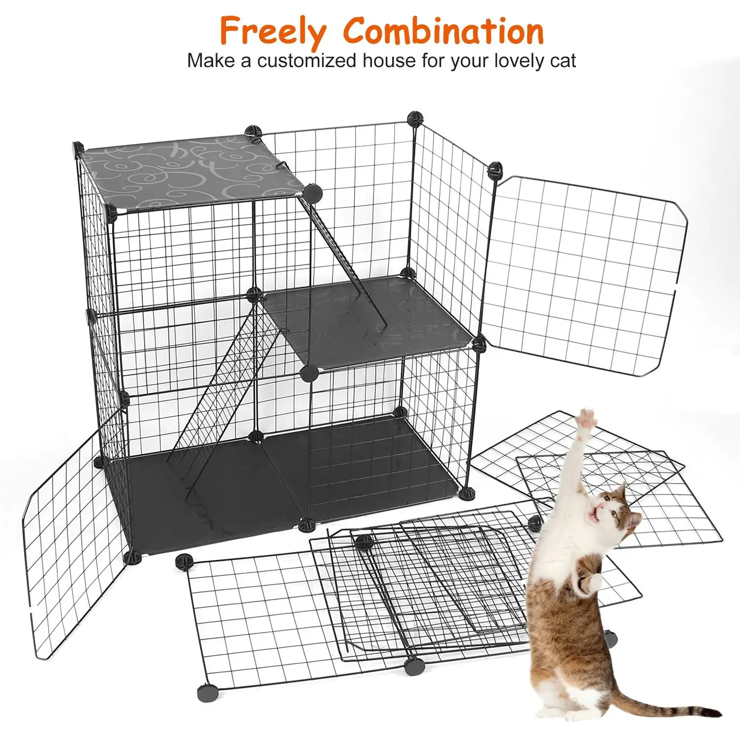Detachable 3-Tier Cat Cage Playpen for Kittens, Puppies & Bunnies-Indoor House with 3 Doors (Black, 28.15x13.97x42.12in)