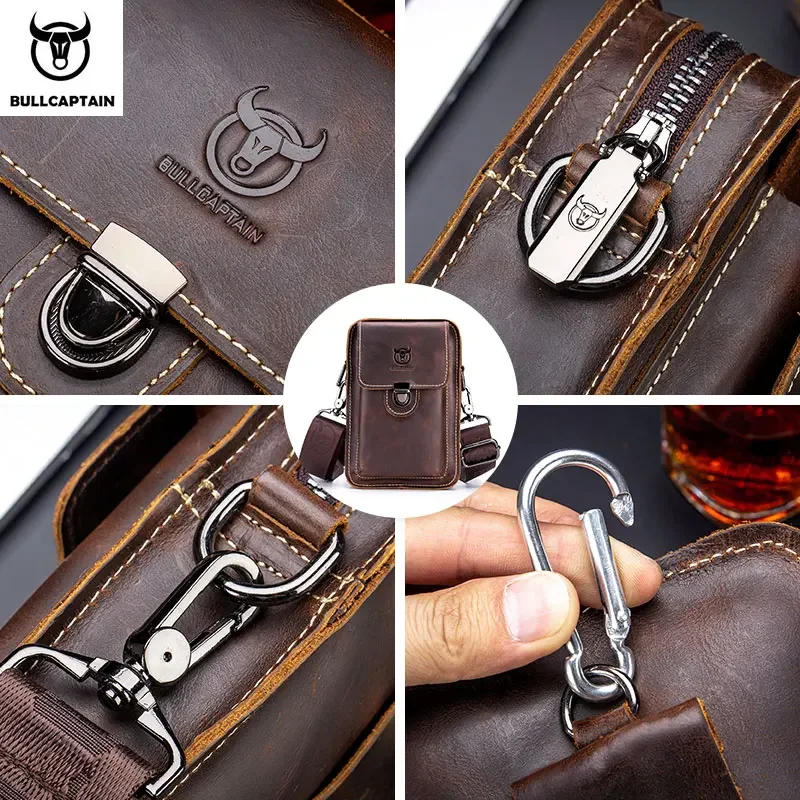 BULLCAPTAIN Crazy Horse Leather Male Waist Pack Phone Pouch Bags Waist Bag Men's Small Chest Shoulder Belt Bag Back Pack YB075