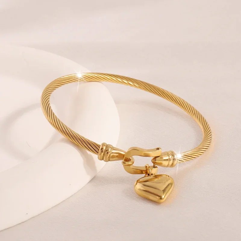 18k Gold Color Stainless Steel Heart Pendant Charm Bangle Bracelets For Men Women