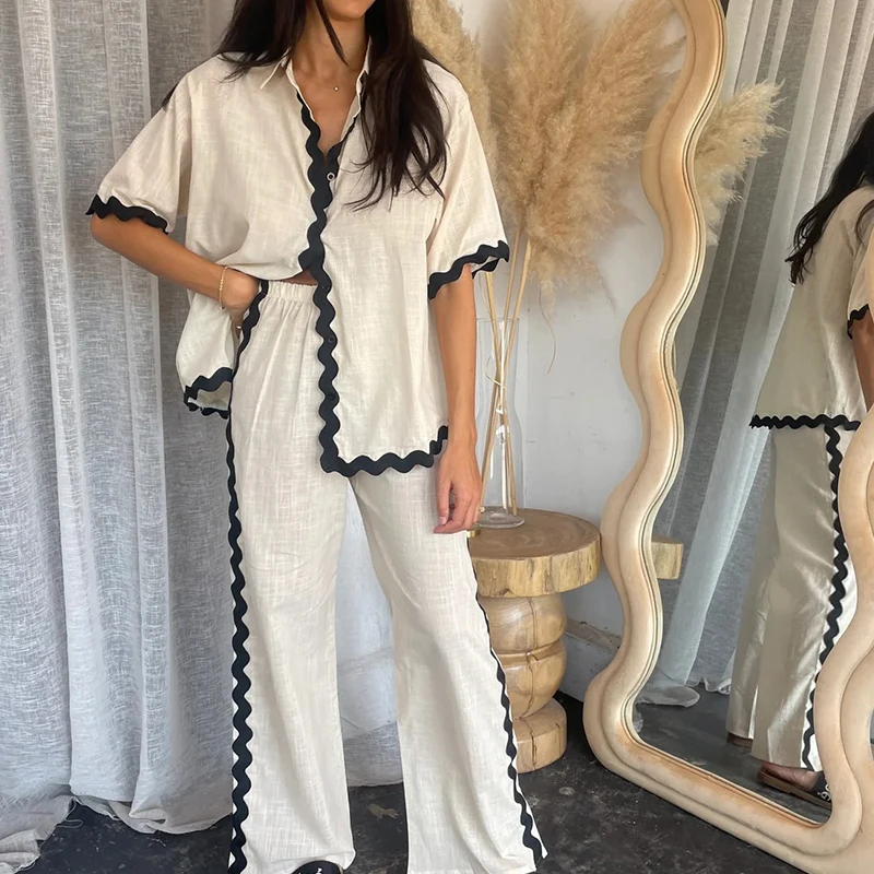 

Comfy Casual Contrast Two Piece Set Women Spring Single Breasted Lapel Shirt & High Waist Pants Outfits Spring Summer Loose Suit