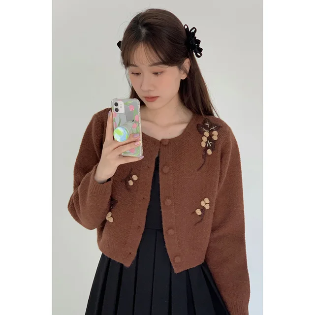 Women's Clothes Brown Sweater Flower Embroidery Outerwear Fashion Vintage  Winter Female Long Sleeve Cardigan Knitting Coat - AliExpress