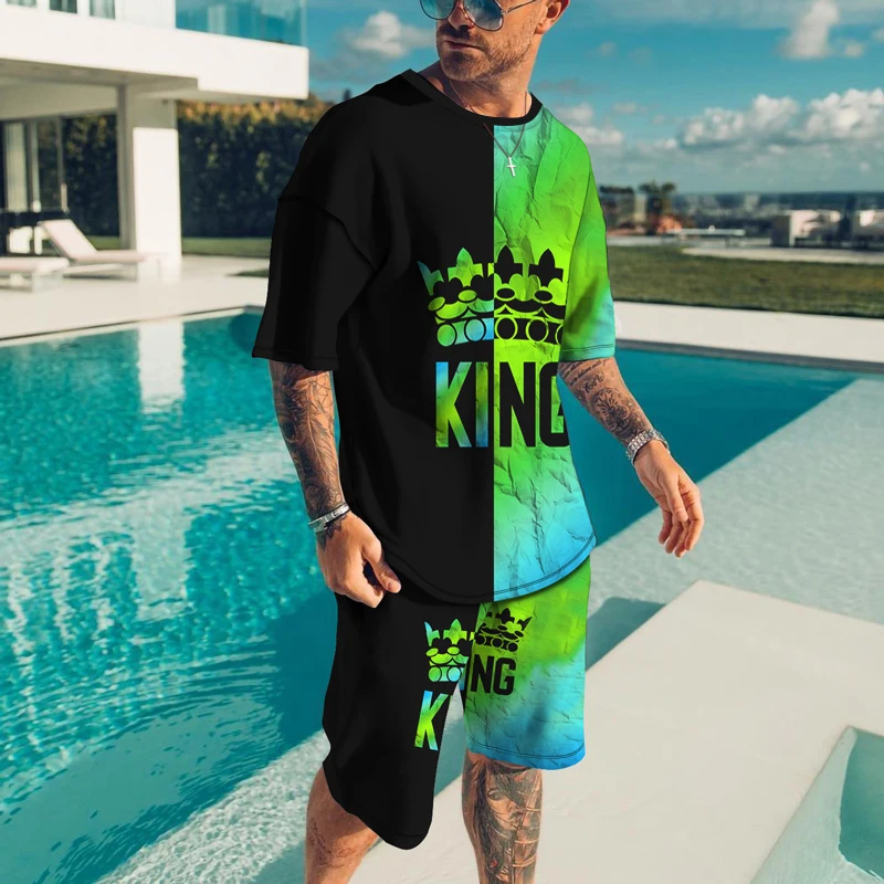 Summer Street Men's T-Shirt Suit Fashion 3D Printing Colorblock Short Sleeve + Shorts Sports Loose Two-piece Oversized Men 2022