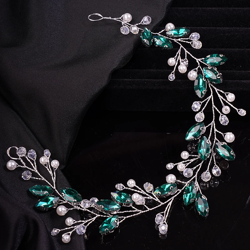 Bride Wedding Rhinestone Simple Hair Vine Bridal Silver Hair Piece Green Crystal Headband Accessories for Women Handmade