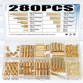 280pcs M2.5 Brass Hex Nut Kit Solid Copper PCB Standoffs & Spacers for Electronics Assembly 1