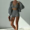 Women Clothing Crop Top Shorts Three Piece Set Knitted Zip Hooded Cardigan Sweatshirt 2