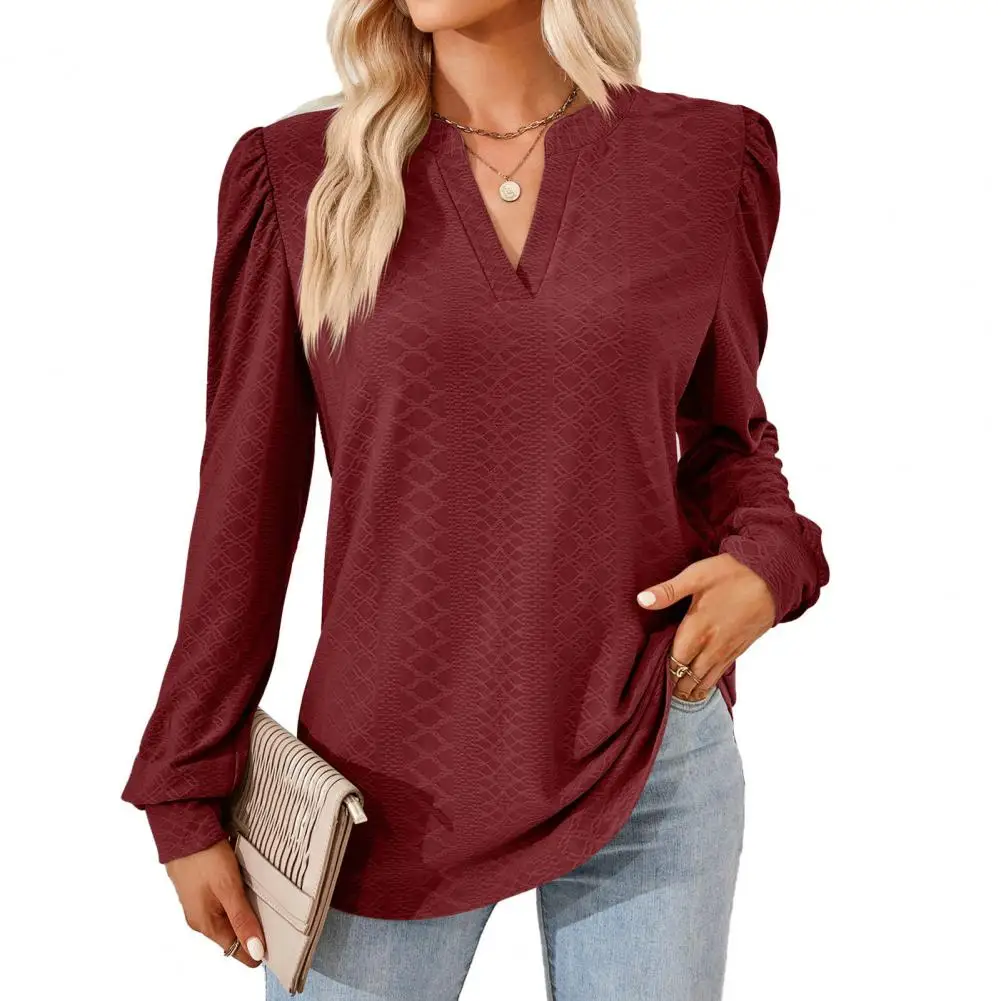 

Spring Fall Top Women Blouse V Neck Long Sleeve Loose Applique Pullover Solid Color Casual OL Commute Lady T-shirt 2023