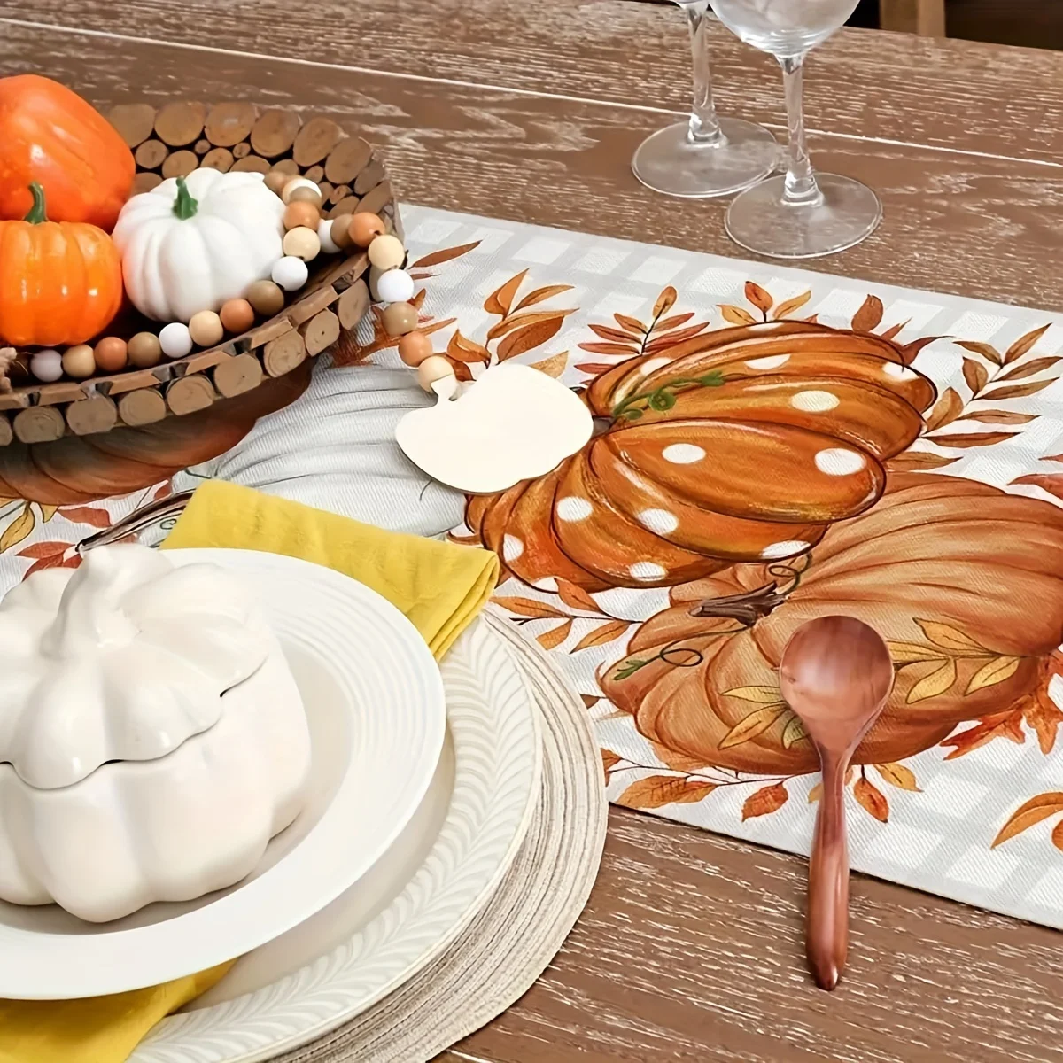 Table Runner - Pumpkin and Fall Leaves Design - Indoor & Outdoor