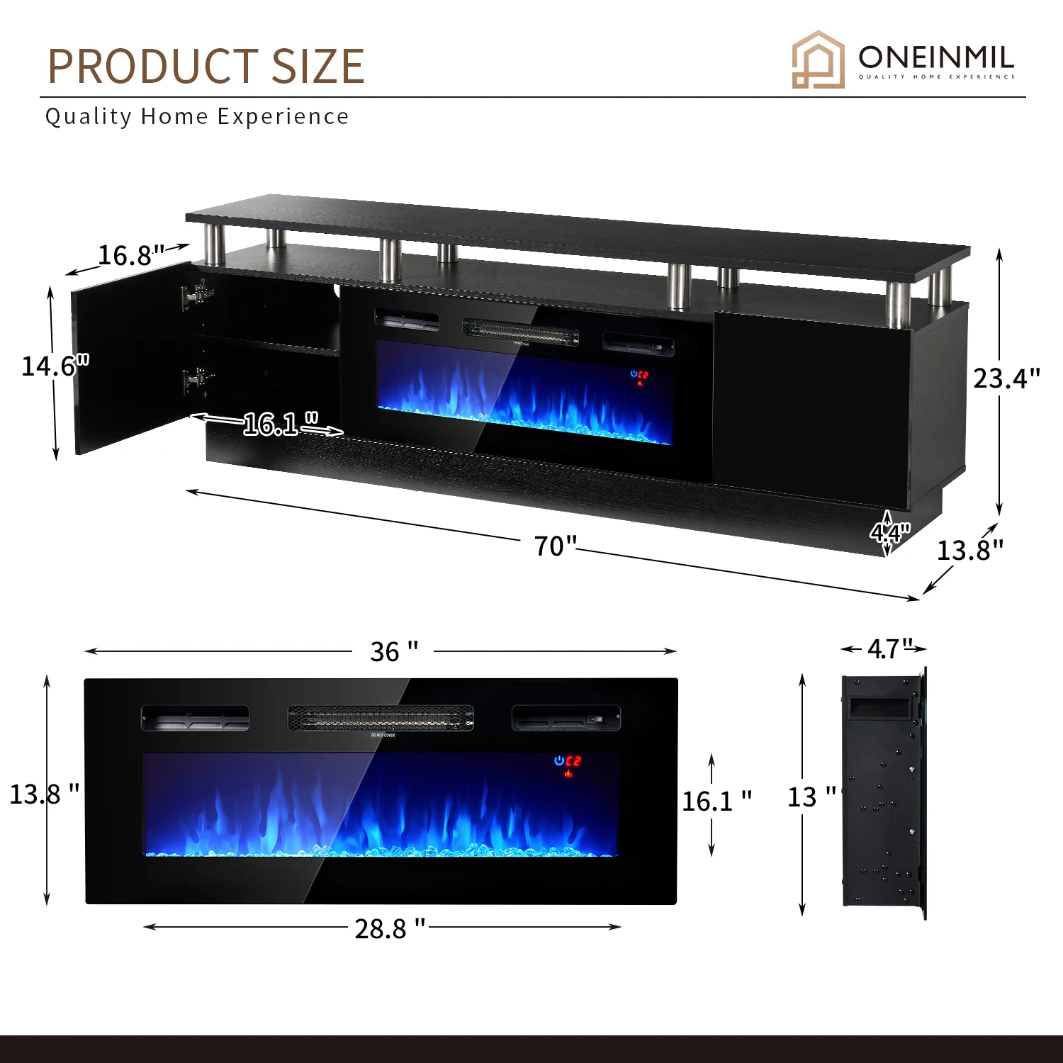 Fireplace TV Stand with 36" Electric Fireplace LED Light Entertainment Center Modern Wood Texture Entertainment Stand Black Media TV Console Table Fireplace TV Stand